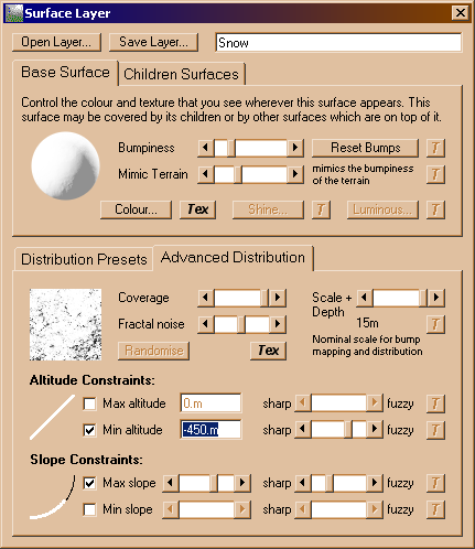 Surface Layer dialog with the Advanced Distribution tab selected