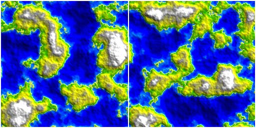 Two terrain height map renderings seamlessly tiled together